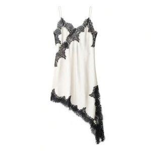 Satin Asymmetric Black And White Lace Dress